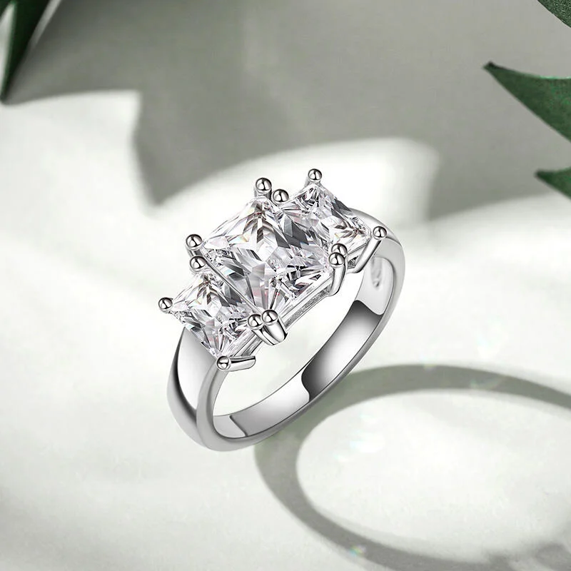 Jeulia Three Stone Radiant Cut Sterling Silver Ring