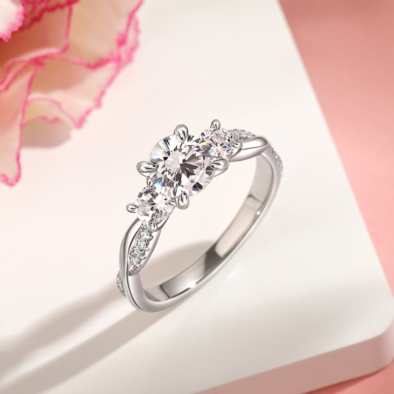 Helirose Twist Three Stone Engagement Ring Sterling Silver Round Cut