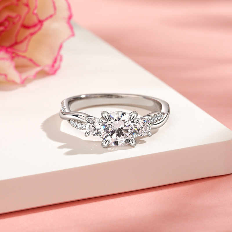 Helirose Twist Three Stone Engagement Ring Sterling Silver Round Cut