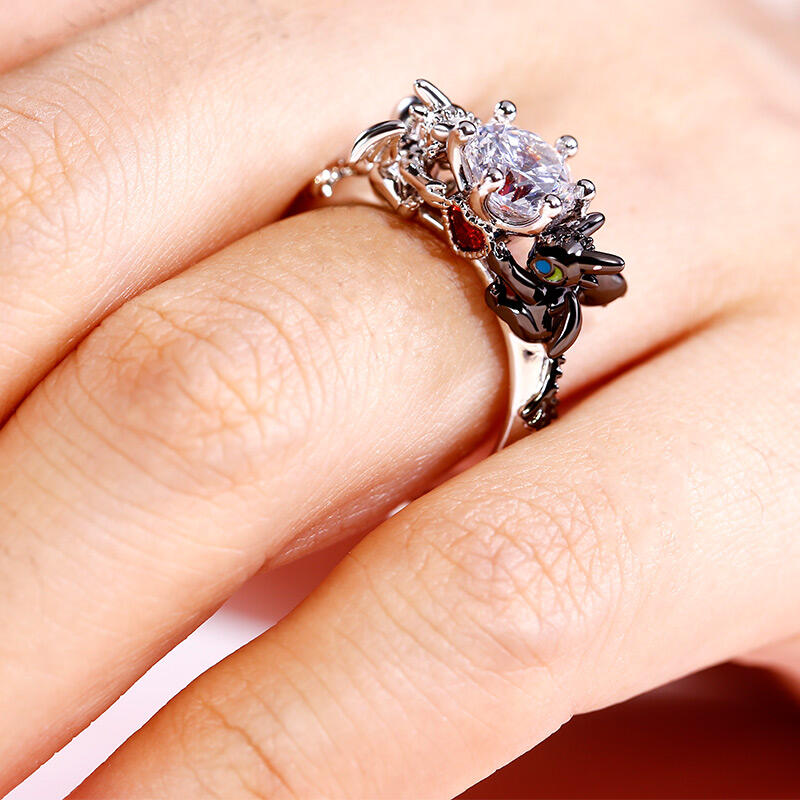 Jeulia Hug Me "Strongest Romance" Dragon Couple Round Cut Sterling Silver Ring