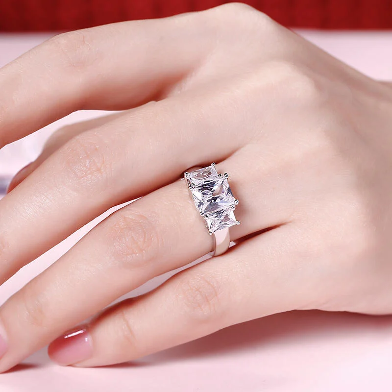Jeulia Three Stone Radiant Cut Sterling Silver Ring