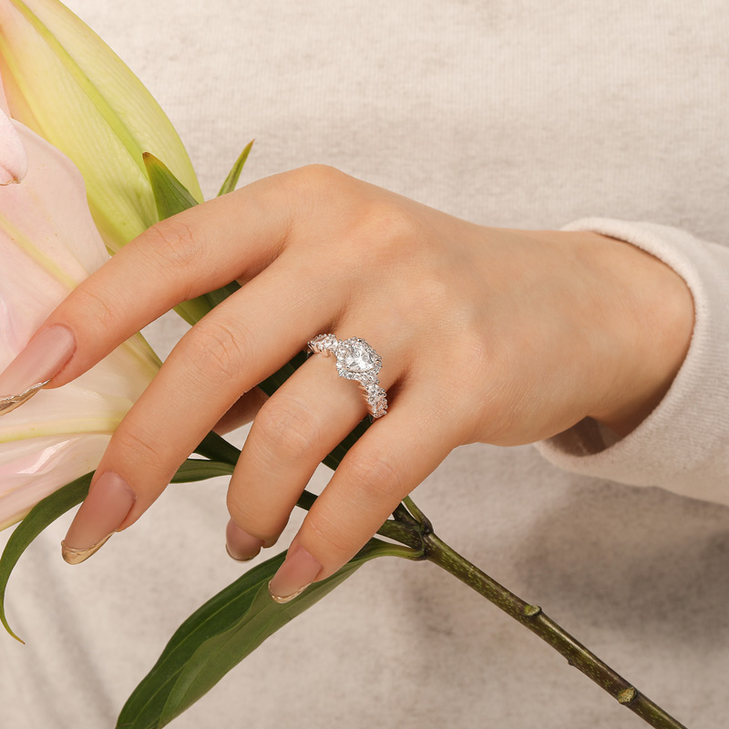 Helirose Halo Cluster Heart Engagement Ring with Eternity Band