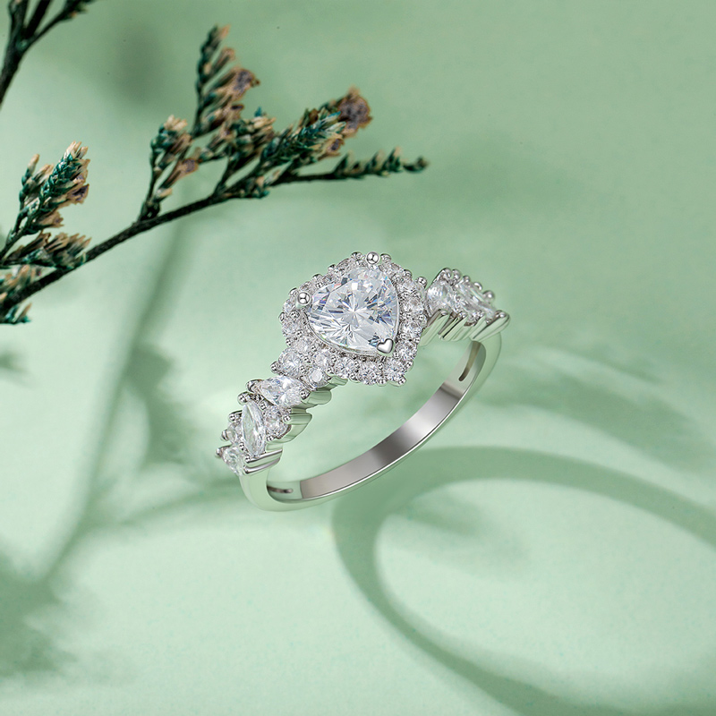 Helirose Halo Cluster Heart Engagement Ring with Eternity Band