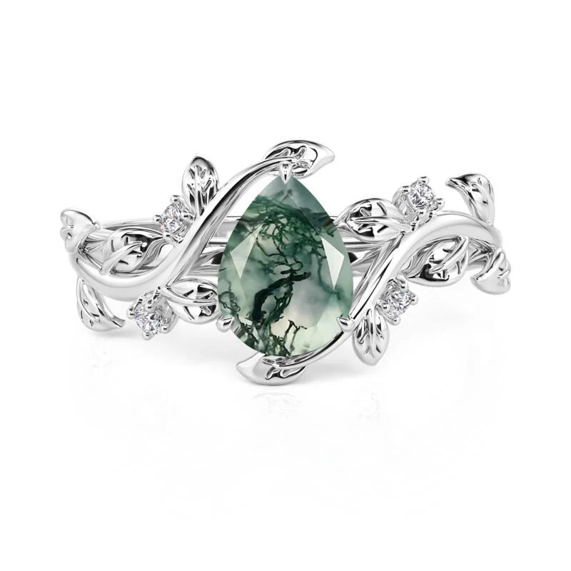 Jeulia Gothic Black Pear Shaped Moss Agate Engagement Ring