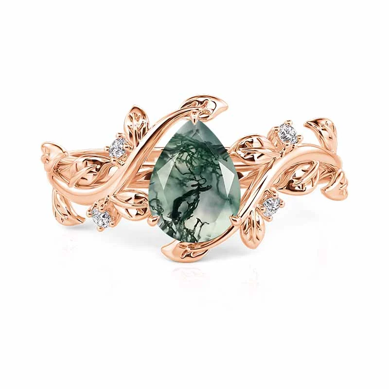 Jeulia Gothic Black Pear Shaped Moss Agate Engagement Ring
