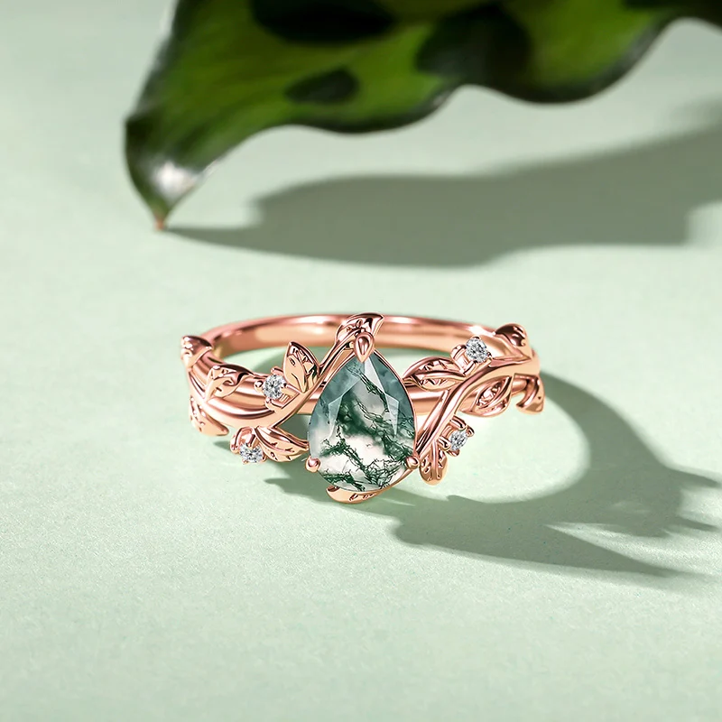 Jeulia Gothic Black Pear Shaped Moss Agate Engagement Ring