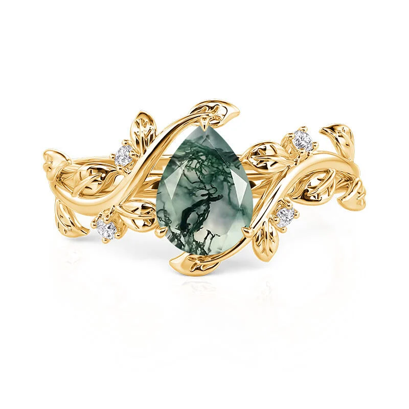 Jeulia Gothic Black Pear Shaped Moss Agate Engagement Ring