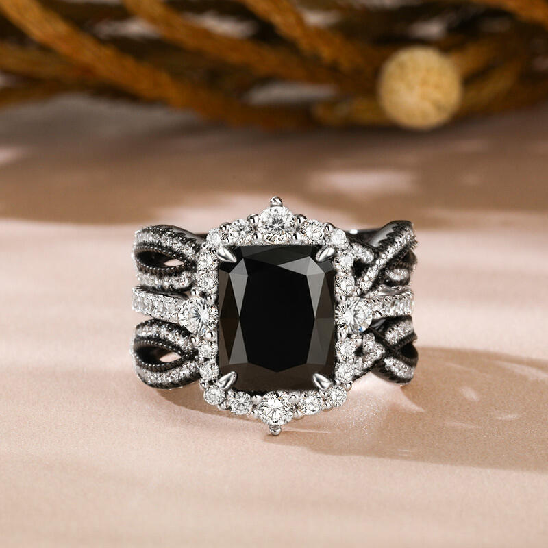 Jeulia Twisted Interchangeable Black Radiant Halo Engagement Ring Set