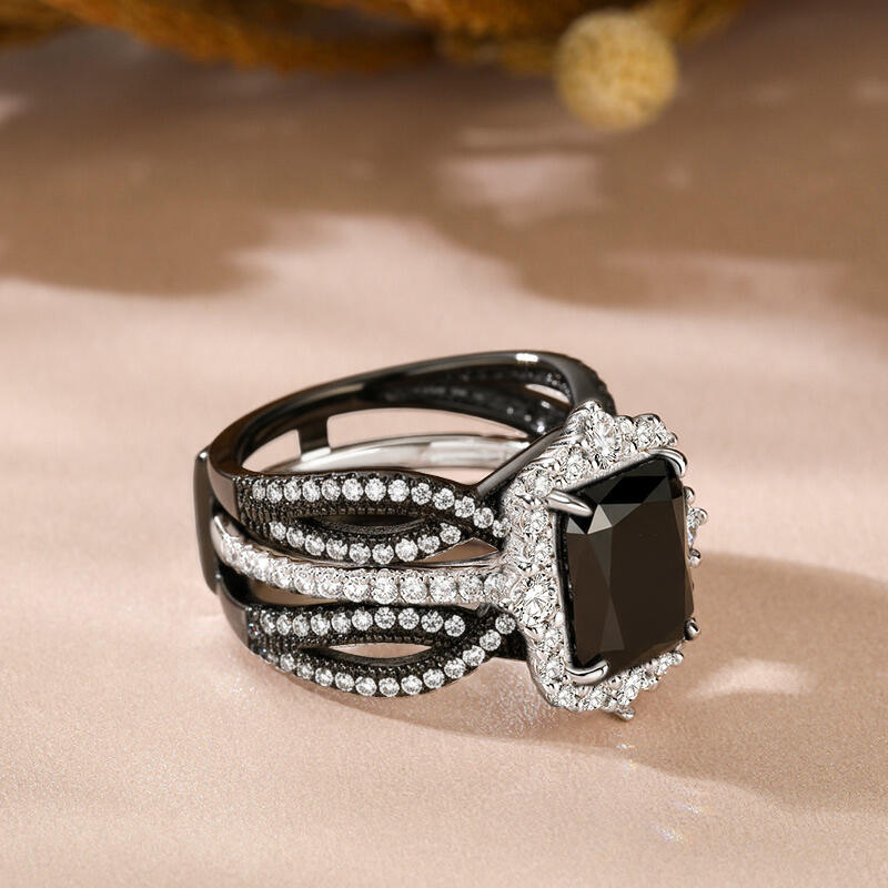 Jeulia Twisted Interchangeable Black Radiant Halo Engagement Ring Set