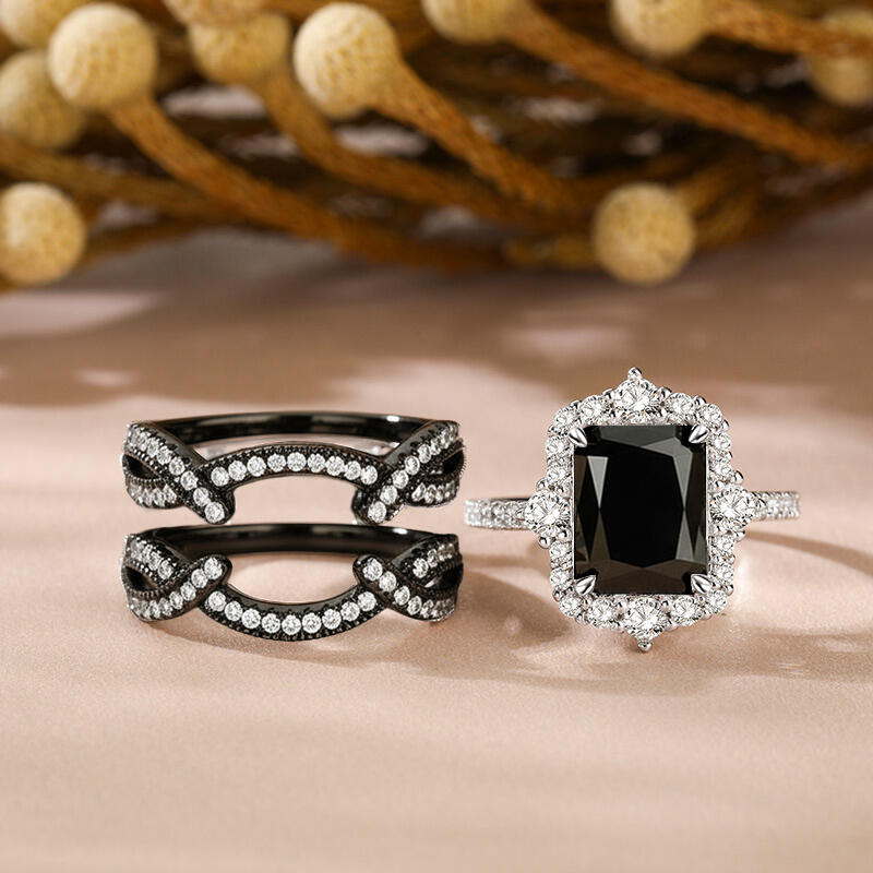 Jeulia Twisted Interchangeable Black Radiant Halo Engagement Ring Set