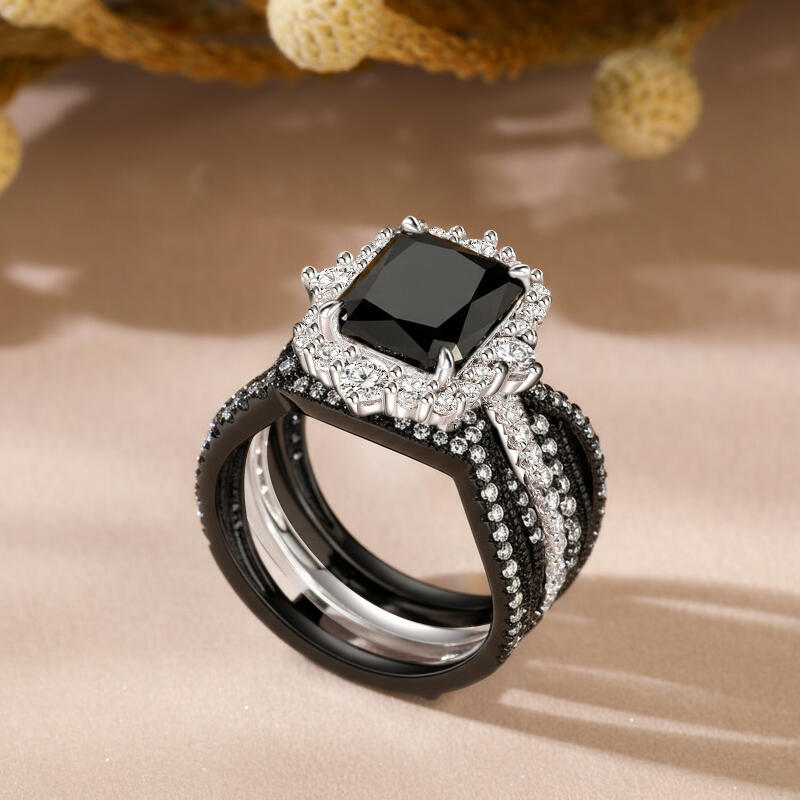 Jeulia Twisted Interchangeable Black Radiant Halo Engagement Ring Set