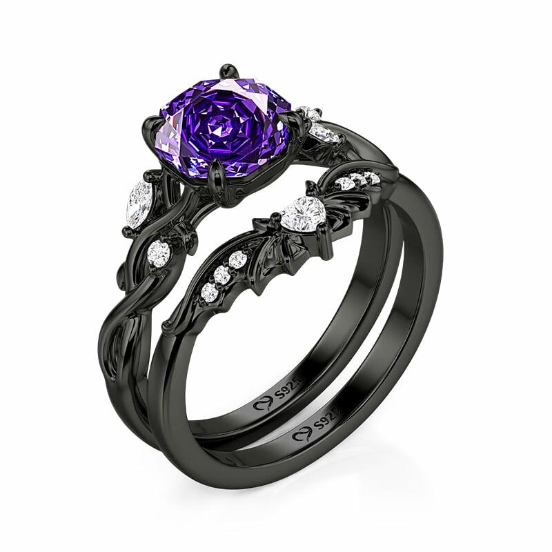 Jeulia Black Vine Purple Rose Cut Engagement Ring Set