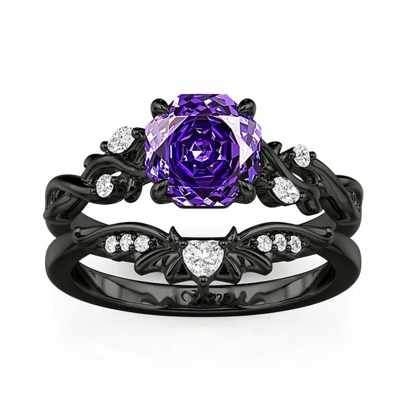 Jeulia Black Vine Purple Rose Cut Engagement Ring Set
