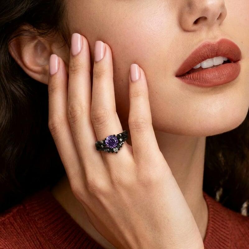 Jeulia Black Vine Purple Rose Cut Engagement Ring Set
