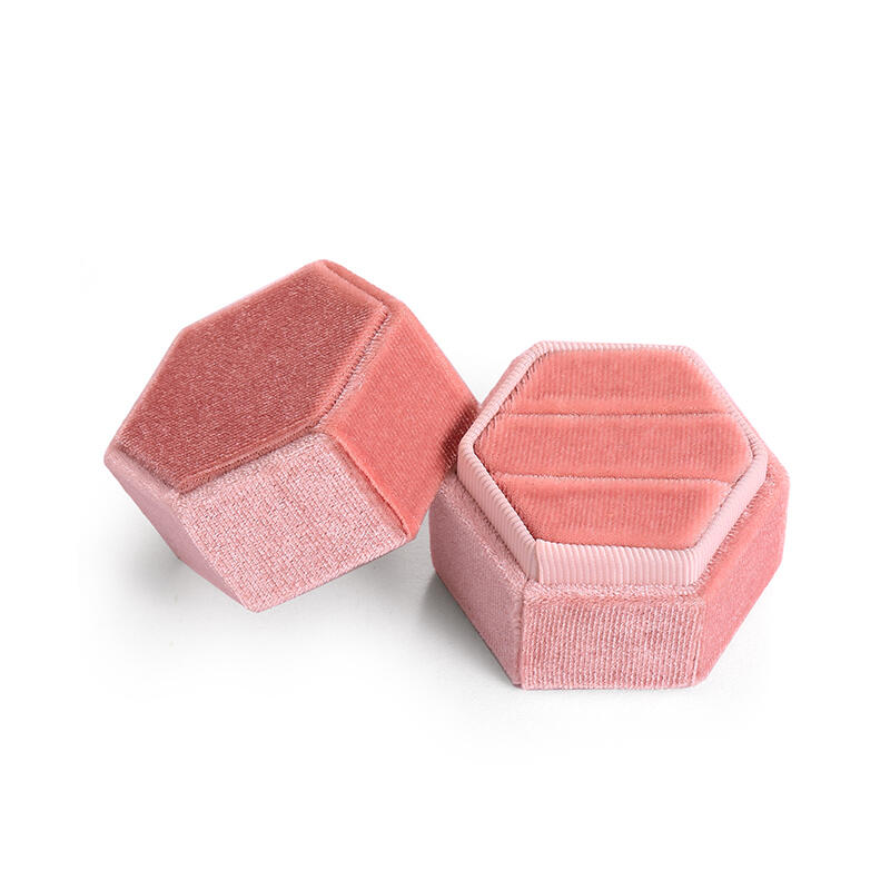 Helirose  Vintage Pink Velvet Hexagonal Couple Ring Box