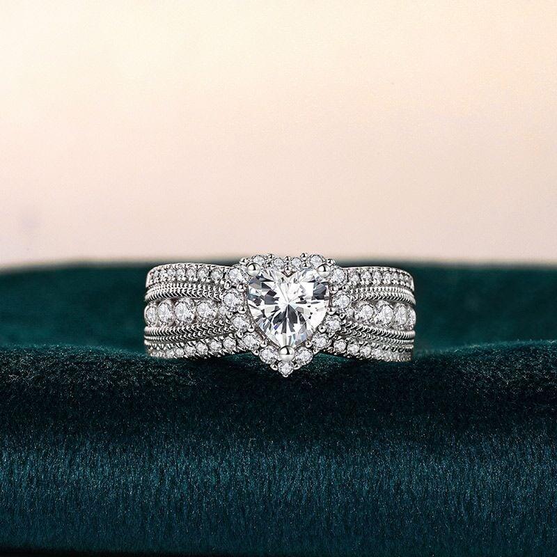 Helirose Vintage Heart Halo Three Row Pave Engagement Ring