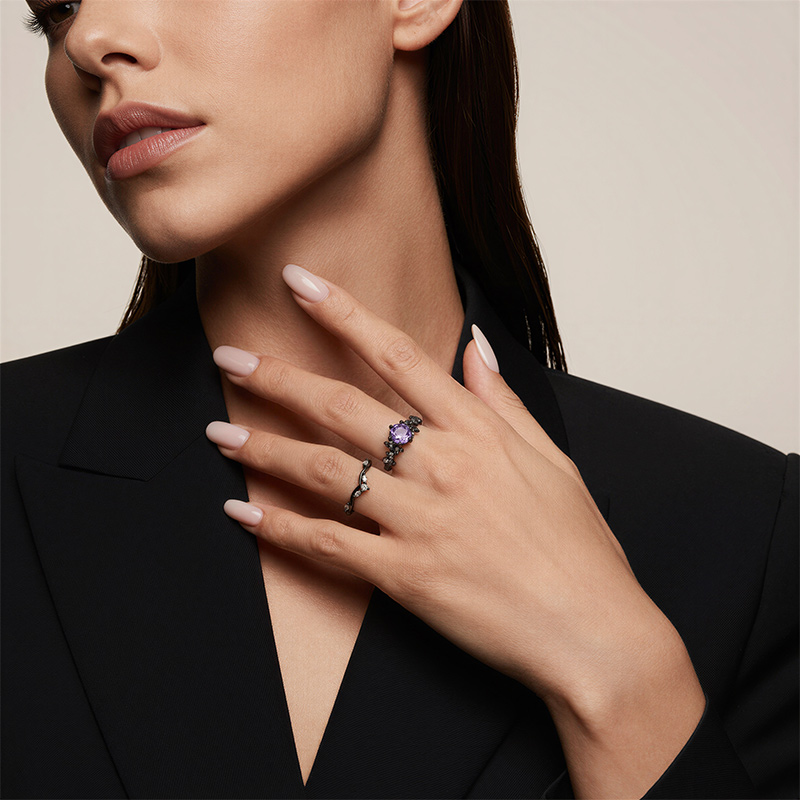 Jeulia Black Vine Purple Rose Cut Engagement Ring Set
