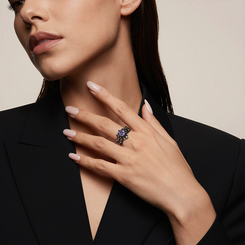 Jeulia Black Vine Purple Rose Cut Engagement Ring Set