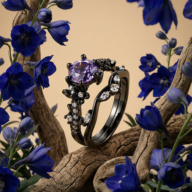 Jeulia Black Vine Purple Rose Cut Engagement Ring Set