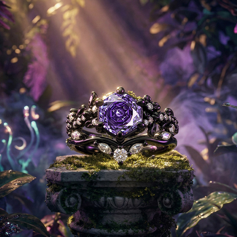 Jeulia Black Vine Purple Rose Cut Engagement Ring Set