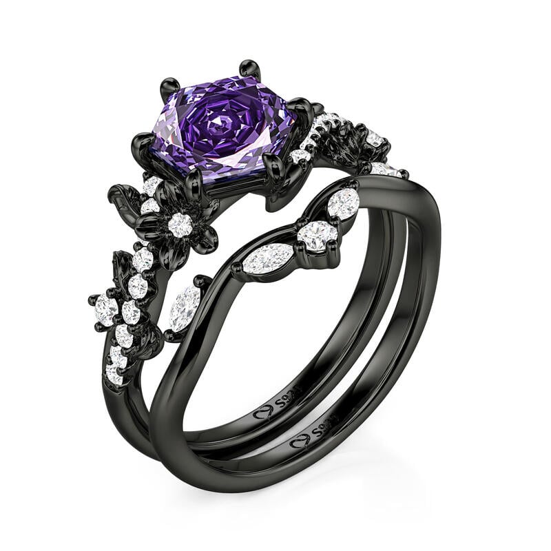 Jeulia Black Vine Purple Rose Cut Engagement Ring Set