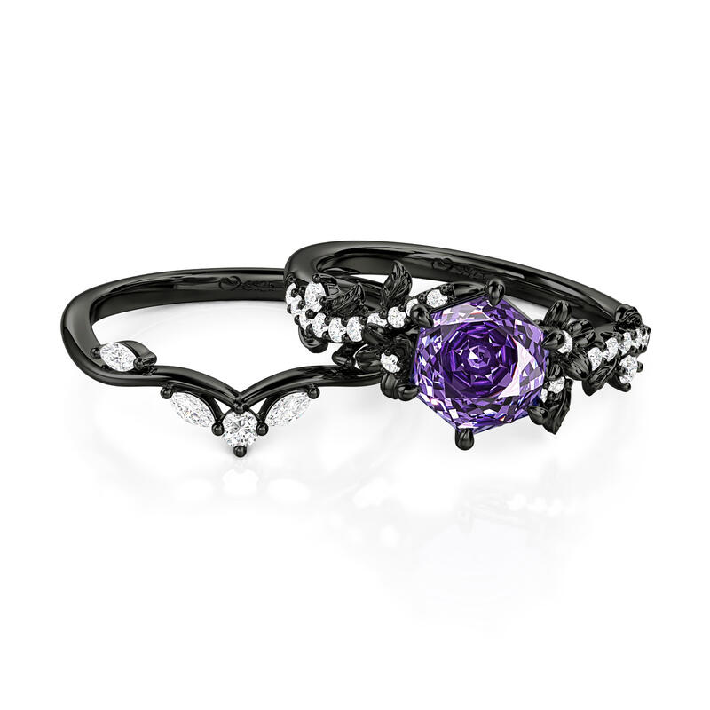 Jeulia Black Vine Purple Rose Cut Engagement Ring Set