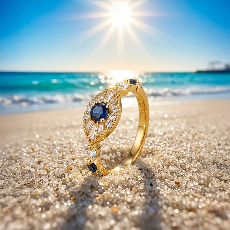 Jeulia Mystical Gold Evil Eye Protection Ring in Sterling Silver