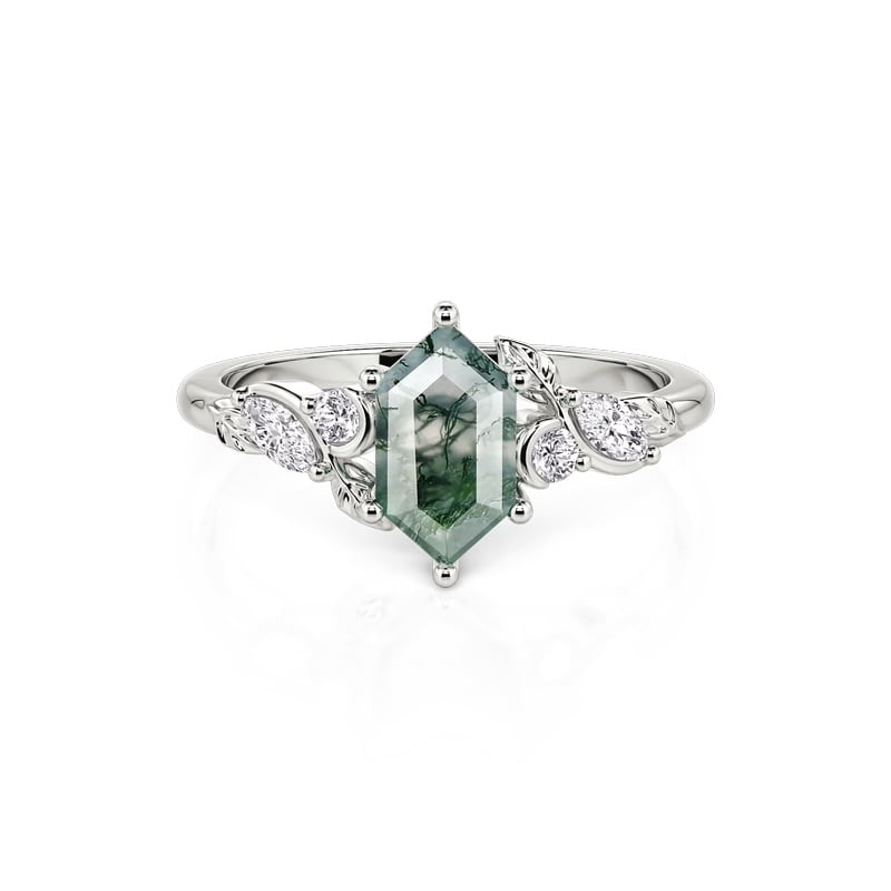 Helirose Hexagon Moss Agate Engagement Ring with Leaf Moon Accents