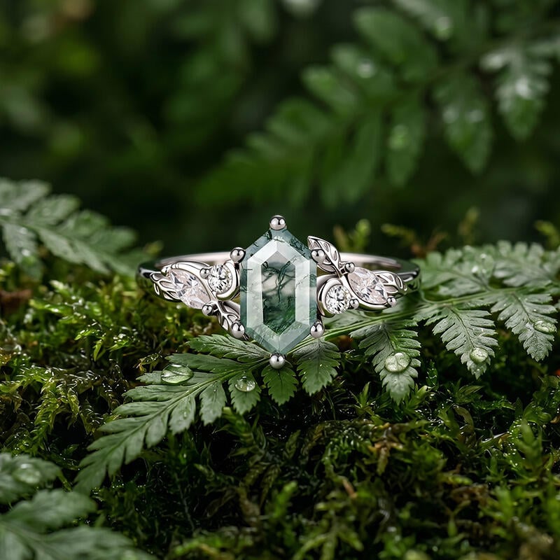 Helirose Hexagon Moss Agate Engagement Ring with Leaf Moon Accents