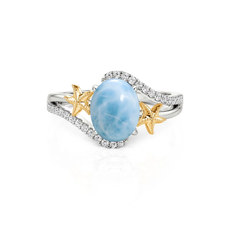 Jeulia Swirl Oval Larimar Ring with Dual Starfish for Women