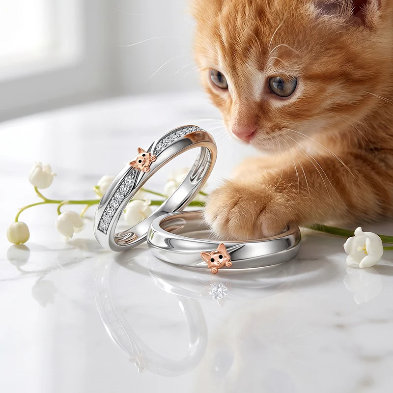 Jeulia Two Tone Crossover Peekaboo Cat Couple Ring Set