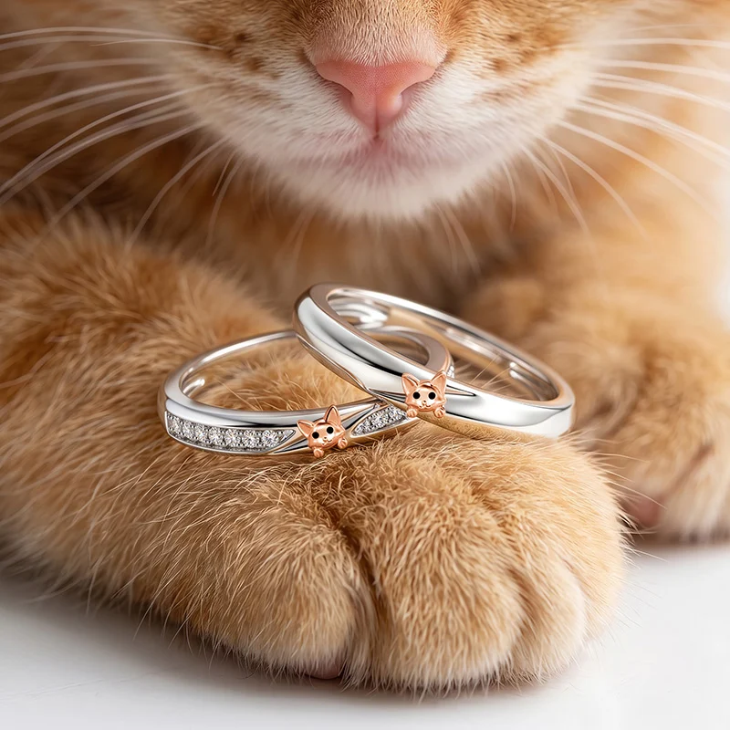 Jeulia Two Tone Crossover Peekaboo Cat Couple Ring Set