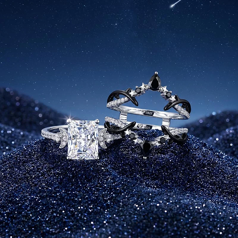 Jeulia Luna Astra Thorn Radiant Cut Moon and Star Engagement Ring Set