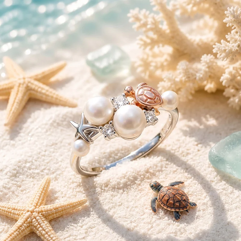 Jeulia Summer Two Tone Ocean Turtle Starfish Pearl Ring