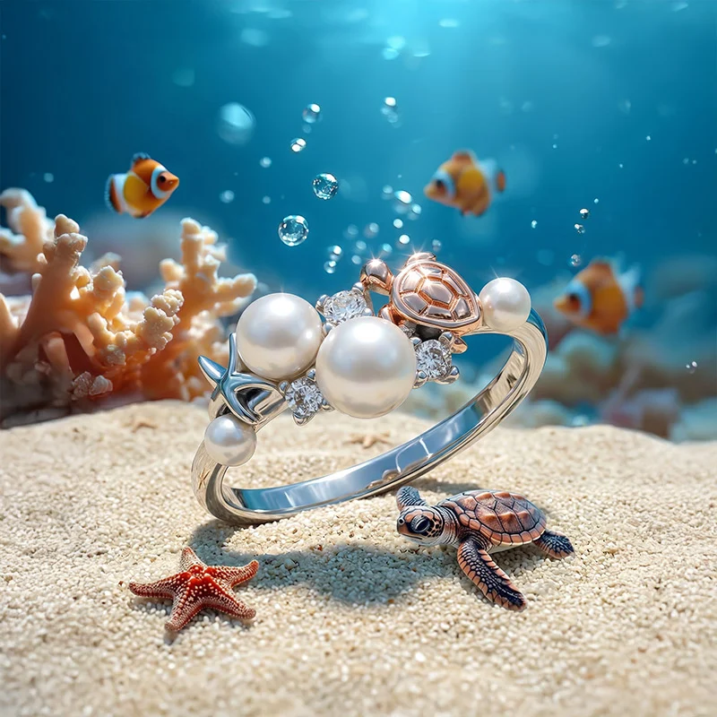 Jeulia Summer Two Tone Ocean Turtle Starfish Pearl Ring