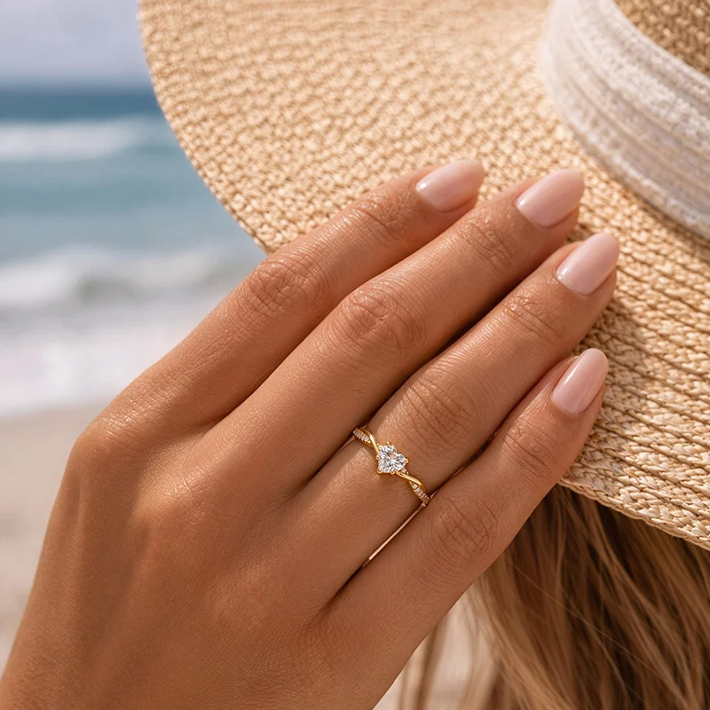 Jeulia Minimalist Twist V-Shape Pavé Heart Promise Ring
