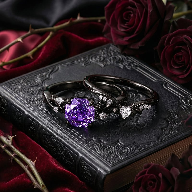 Jeulia Black Vine Purple Rose Cut Engagement Ring Set