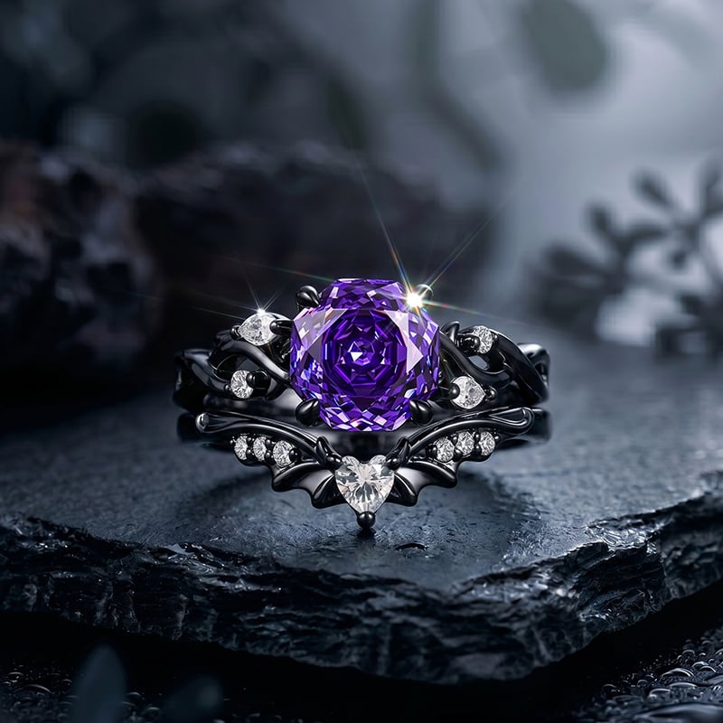 Jeulia Black Vine Purple Rose Cut Engagement Ring Set