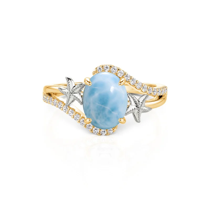 Jeulia Swirl Oval Larimar Ring with Dual Starfish for Women