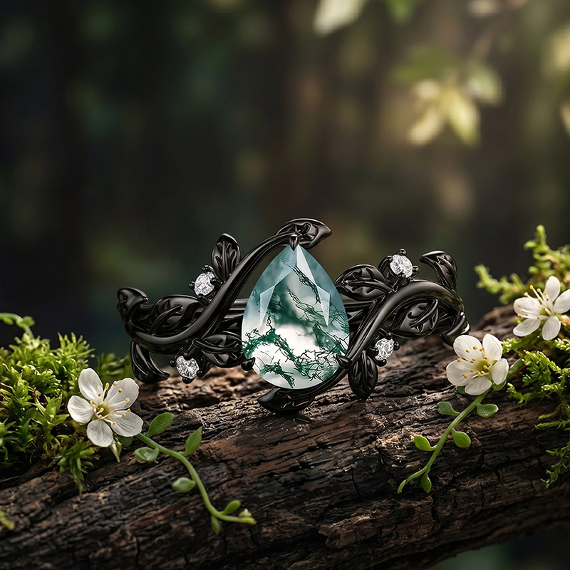 Jeulia Gothic Black Pear Shaped Moss Agate Engagement Ring