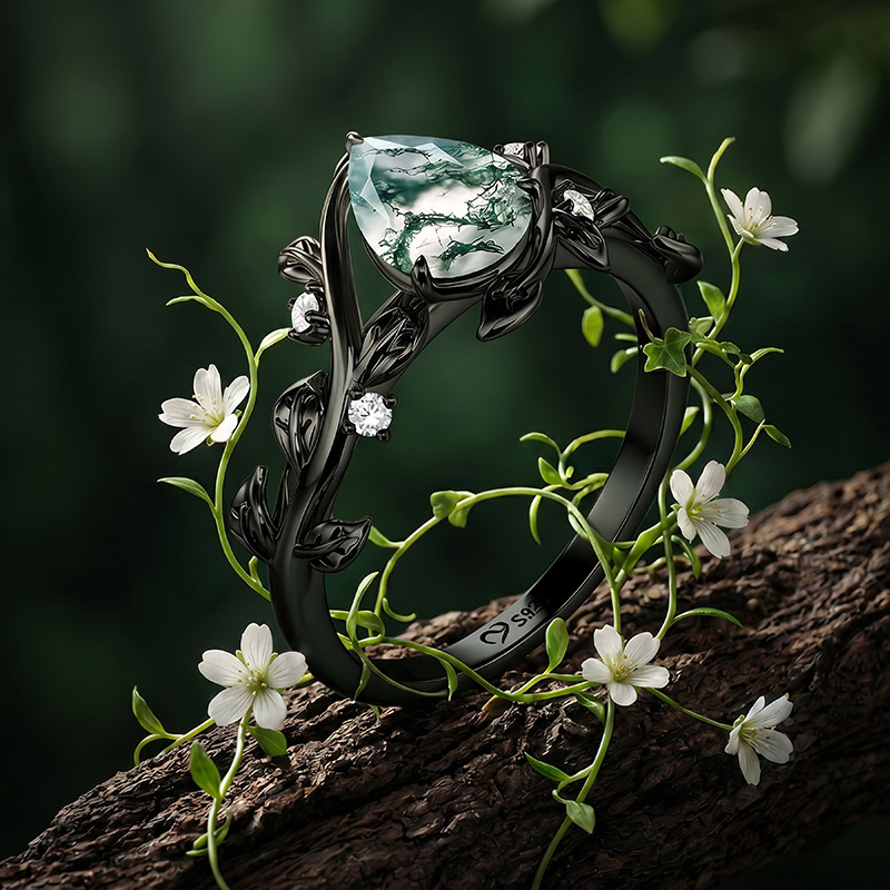 Jeulia Gothic Black Pear Shaped Moss Agate Engagement Ring