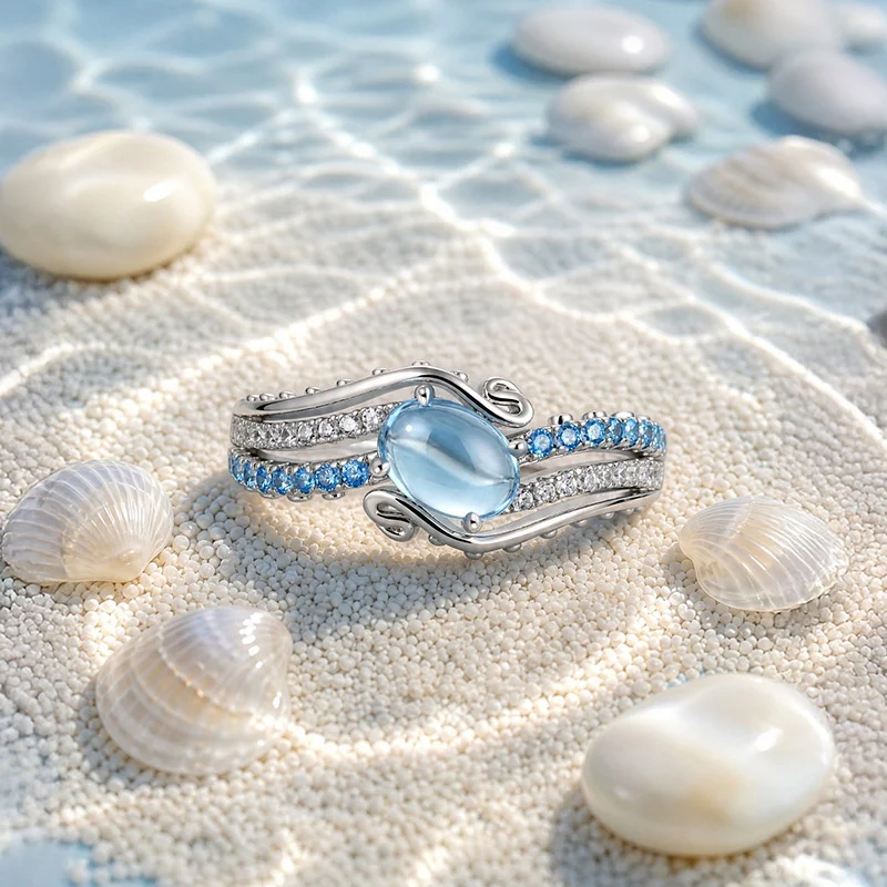 Jeulia Bypass Ocean Wave Oval Blue Topaz Engagement Ring