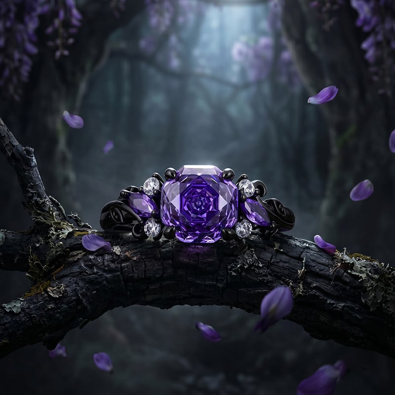 Jeulia Black Vine Purple Rose Cut Engagement Ring Set