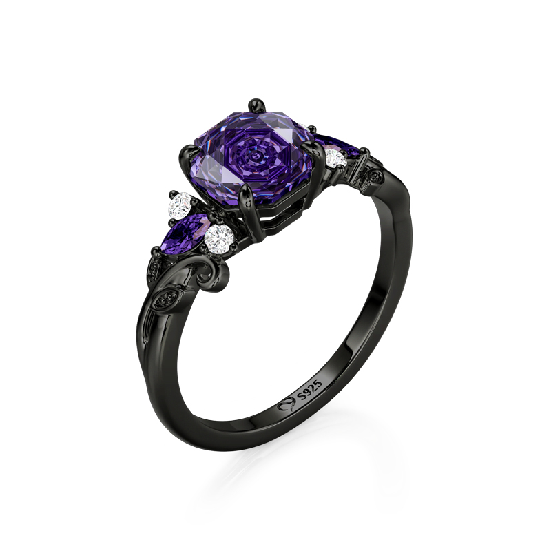 Jeulia Black Vine Purple Rose Cut Engagement Ring Set