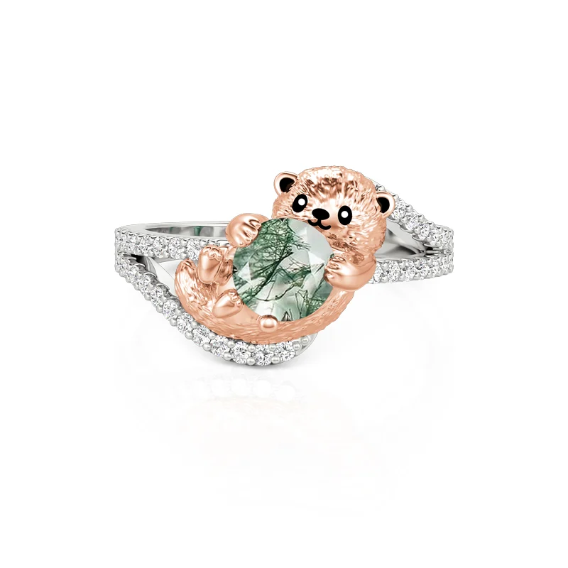 Jeulia Hug Me Two Tone Otter Ring with Round Moss Agate