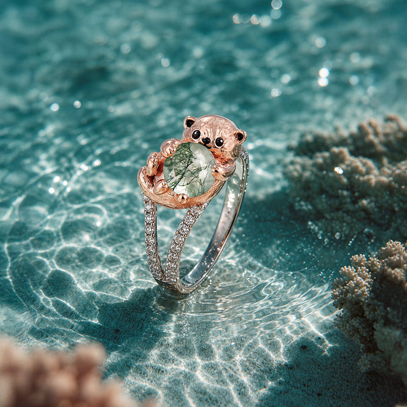 Jeulia Hug Me Two Tone Otter Ring with Round Moss Agate