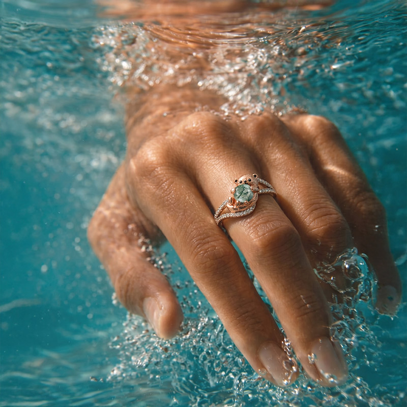 Jeulia Hug Me Two Tone Otter Ring with Round Moss Agate