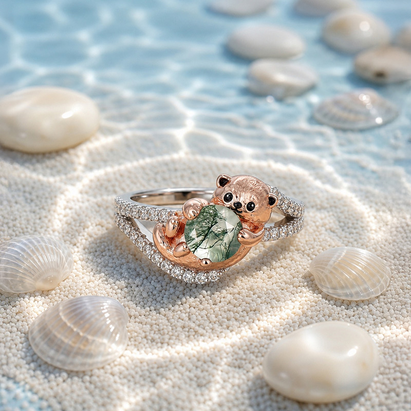 Jeulia Hug Me Two Tone Otter Ring with Round Moss Agate