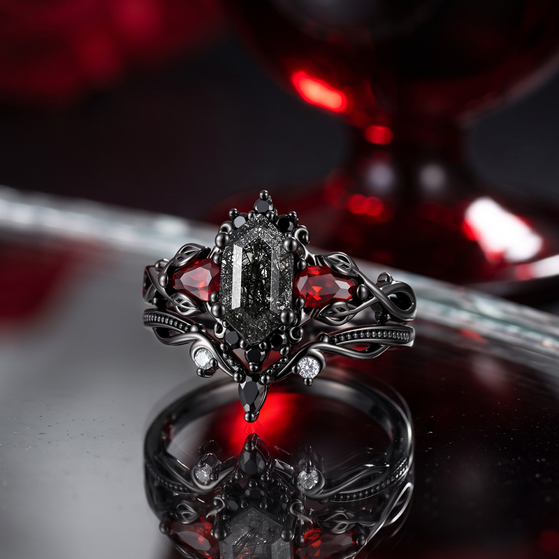 Jeulia Gothic Thorn Hexagon Black Rutilated Quartz Ring Set