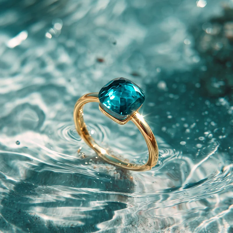 Jeulia Gold Cushion Cut Solitaire London Blue Topaz Ring